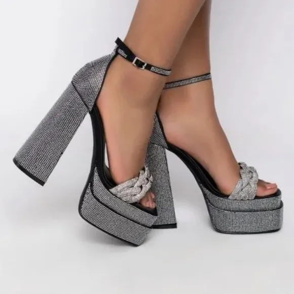 - Rhinestone chunky block braided sandals . Whole sandal is covered in cry…