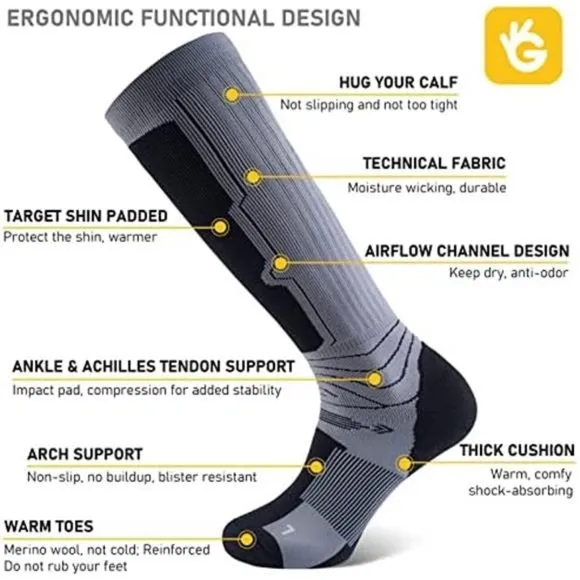 3 Pack Merino Wool Ski Socks for Skiing Winter Thermal Socks, Gray