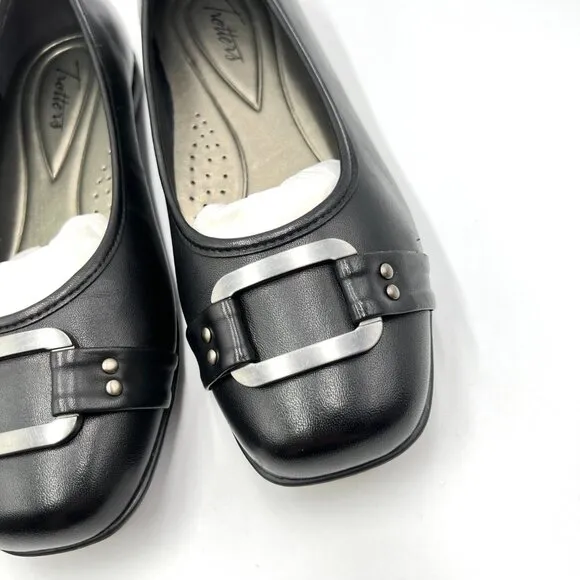 7.5W 7.5 WIDE WIDTH Trotters Womens Sizzle Black Leather Ballet Flats Shoes