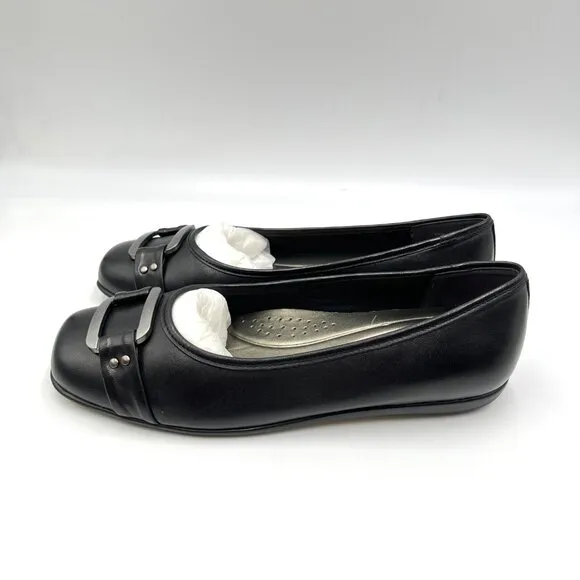 7.5W 7.5 WIDE WIDTH Trotters Womens Sizzle Black Leather Ballet Flats Shoes