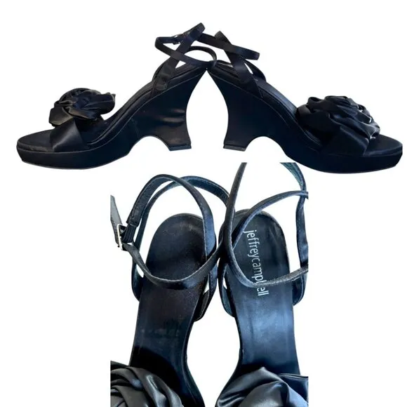 90'S VINTAGE Y2K RARE JEFFREY CAMPBELL BLACK ROSES STRAPPY PLATFORM SANDALS 7