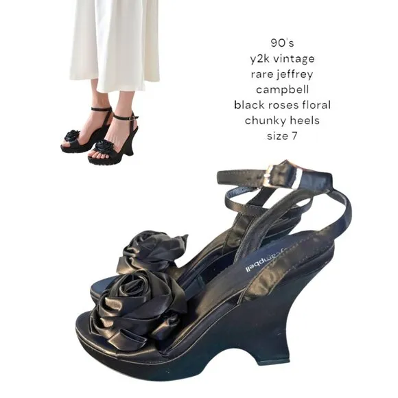90'S VINTAGE Y2K RARE JEFFREY CAMPBELL BLACK ROSES STRAPPY PLATFORM SANDALS 7