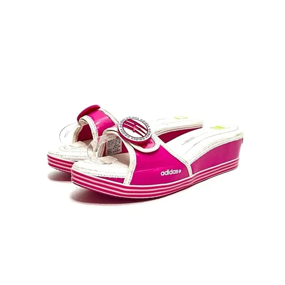 ADIDAS | Vintage Y2K pink patent leather button platform sporty wedge sandals