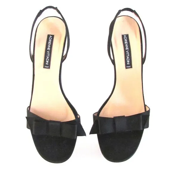 Adrienne Vittadini Black Satin Bow Detail High Heel Designer Sandals Size 8.5M