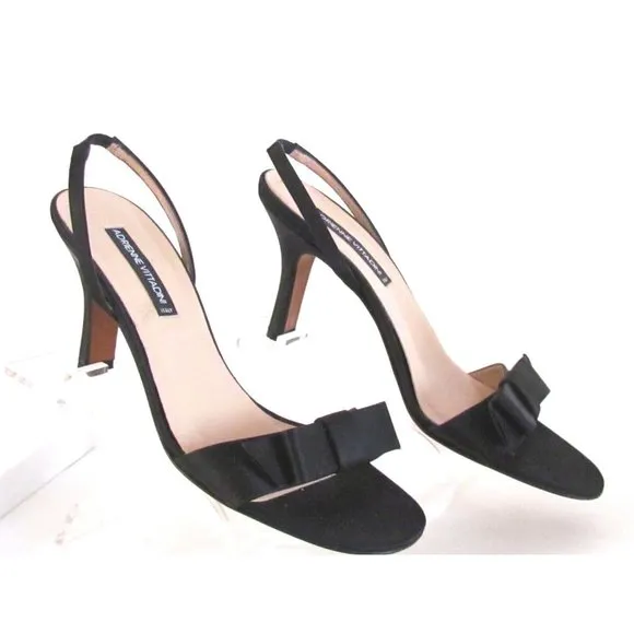 Adrienne Vittadini Black Satin Bow Detail High Heel Designer Sandals Size 8.5M