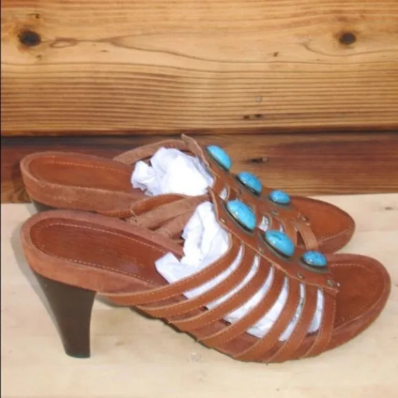 AEROLSOLES Womens 9 Brown Jeweled Slip On Heeled Sandals Shoes