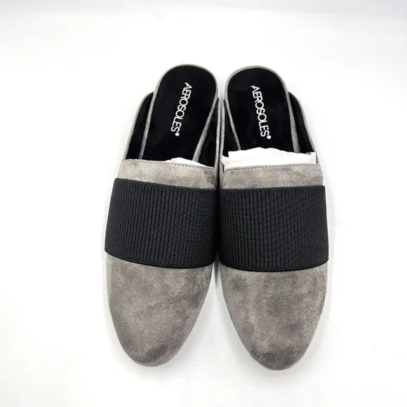 Aerosoles Womens Size 9.5 Look Out Black Gray Microsuede Mules Flats Shoes