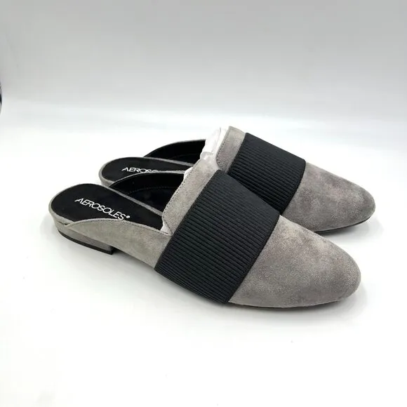 Aerosoles Womens Size 9.5 Look Out Black Gray Microsuede Mules Flats Shoes
