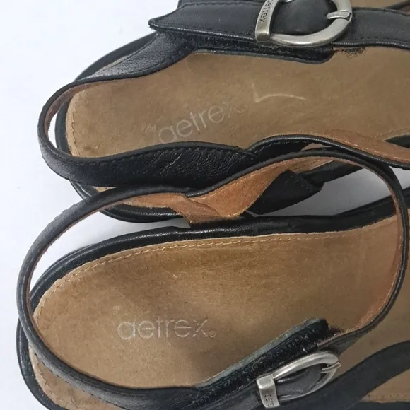 Aetrex Black Leather Strappy Comfort Walking Sandals Sz37 6.5-7