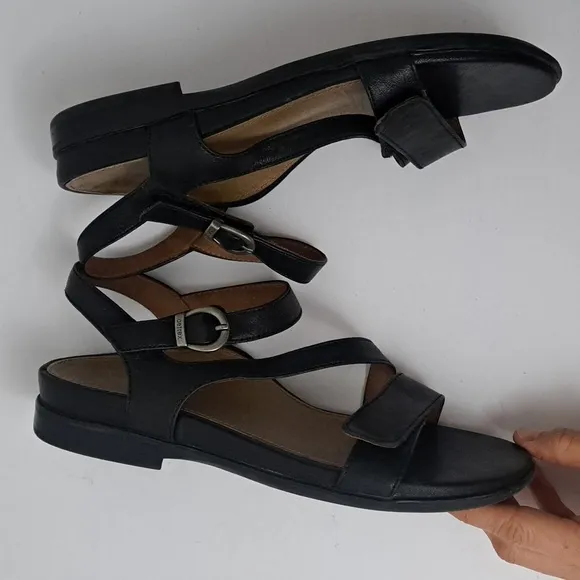 Aetrex Black Leather Strappy Comfort Walking Sandals Sz37 6.5-7
