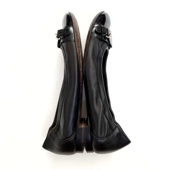 AGL Attilio Giusti Leombruni black leather patent round toe buckle ballet flats