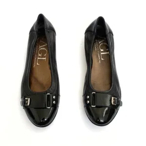 AGL Attilio Giusti Leombruni black leather patent round toe buckle ballet flats