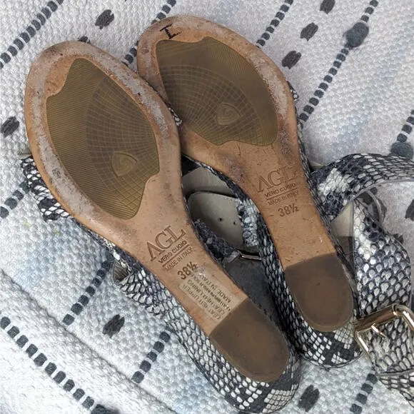 AGL Attilio Giusti Leombruni Snakeskin Leather Sandals Gray Women's Size 38 1/2
