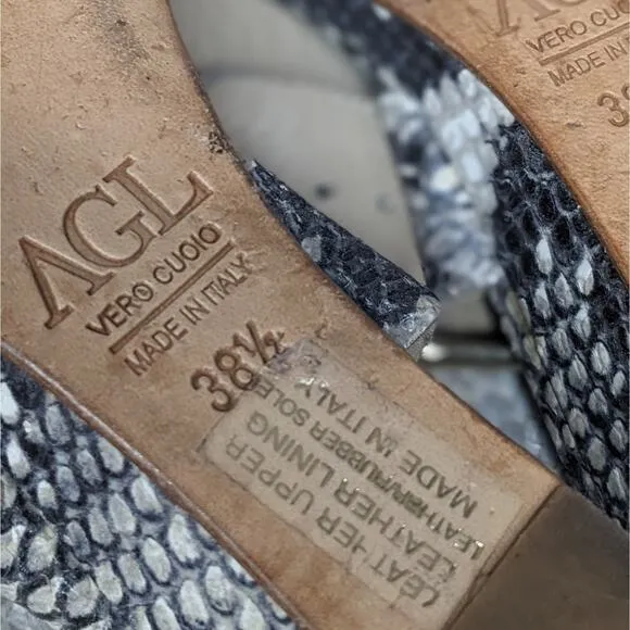 AGL Attilio Giusti Leombruni Snakeskin Leather Sandals Gray Women's Size 38 1/2