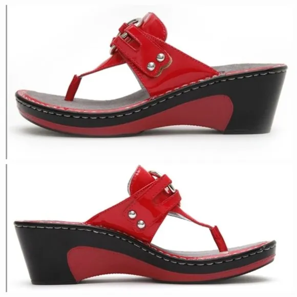 Alegria Lola Patent Wedge Sandals Red EU Size 38
