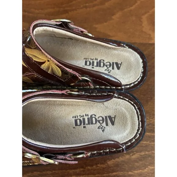Alegria Seville Wine and Flowers Patent Leather Slip on Clogs Womens Sz 36 US 6