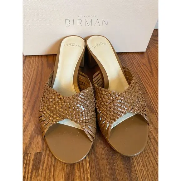 Alexandre Birman Women's Ellie Brown Woven Block Heel Slide Sandals 38/8