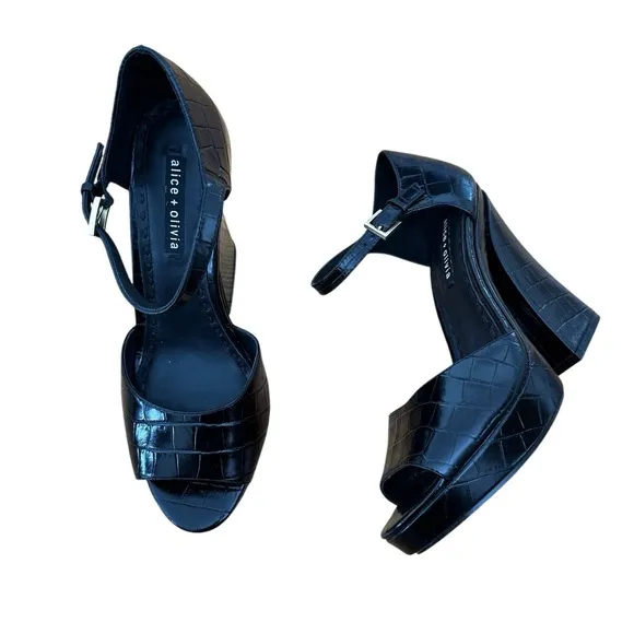 Alice &amp; Olivia Croc Embossed Platform Sandals New Black Size 10.5