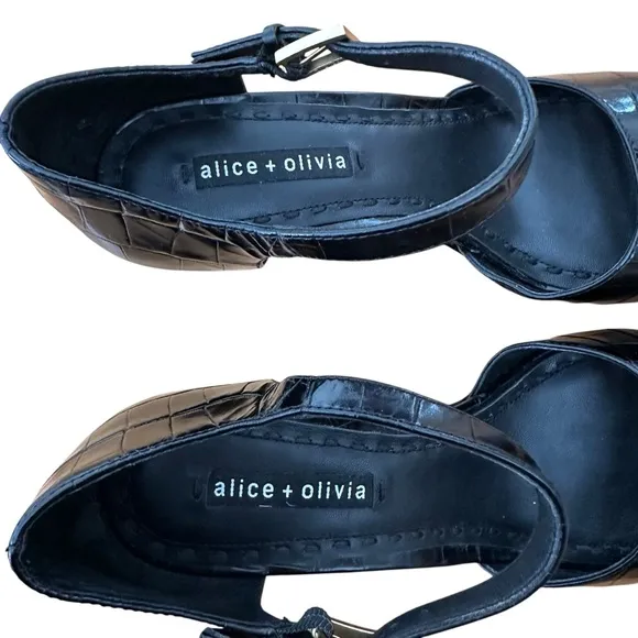 Alice &amp; Olivia Croc Embossed Platform Sandals New Black Size 10.5