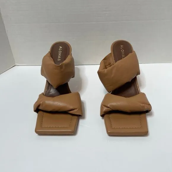 ALOHAS Twist Strap Sandals Womens EUR 39 Heel Camel Leather Square Toe