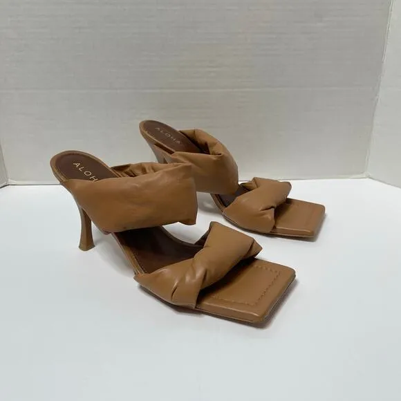 ALOHAS Twist Strap Sandals Womens EUR 39 Heel Camel Leather Square Toe