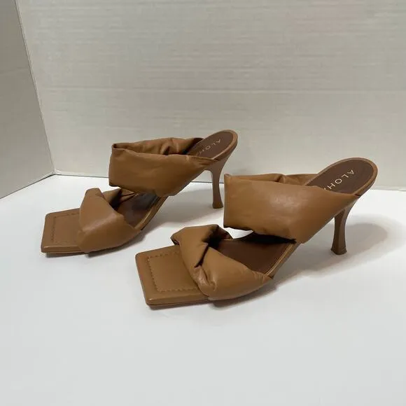 ALOHAS Twist Strap Sandals Womens EUR 39 Heel Camel Leather Square Toe