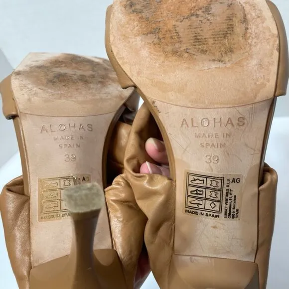 ALOHAS Twist Strap Sandals Womens EUR 39 Heel Camel Leather Square Toe