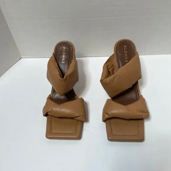 ALOHAS Twist Strap Sandals Womens EUR 39 Heel Camel Leather Square Toe