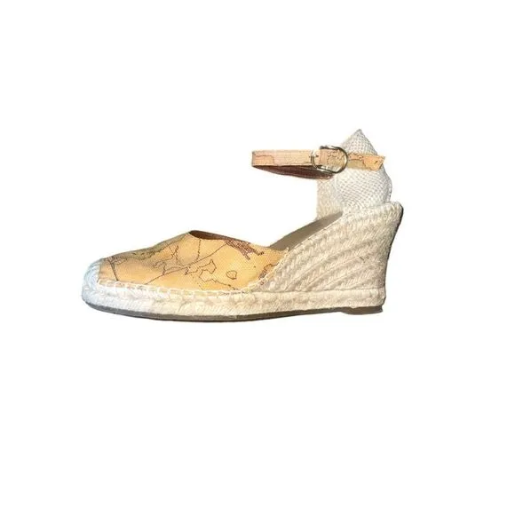 Alviero Martini Tilasse Geo World Map Print Wedge Sandals Closed Toe Size 8.5