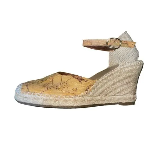 Alviero Martini Tilasse Geo World Map Print Wedge Sandals Closed Toe Size 8.5