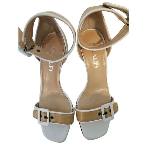 Amalfi by Rangoni tan and white sandals with an ankle strap. Size 7.