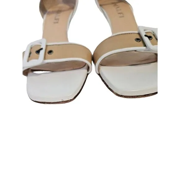 Amalfi by Rangoni tan and white sandals with an ankle strap. Size 7.
