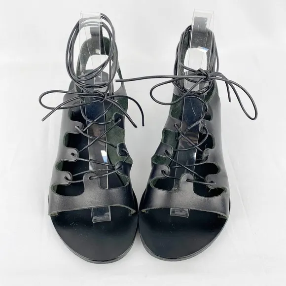 Ancient Greek Sandals Black Leather Gladiator Wedge Strappy Lace Up 7