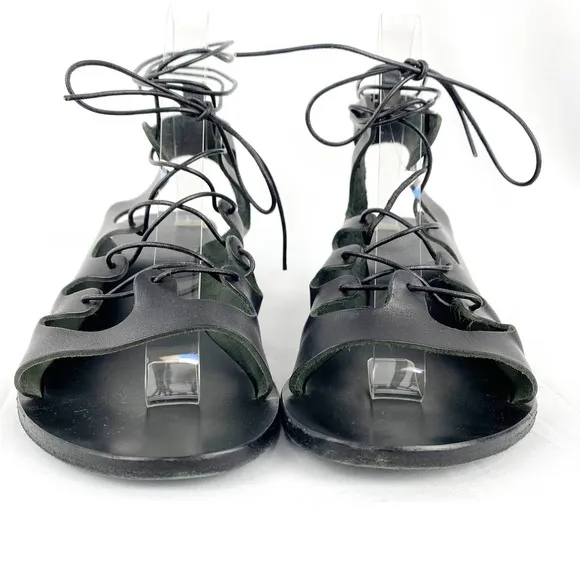 Ancient Greek Sandals Black Leather Gladiator Wedge Strappy Lace Up 7