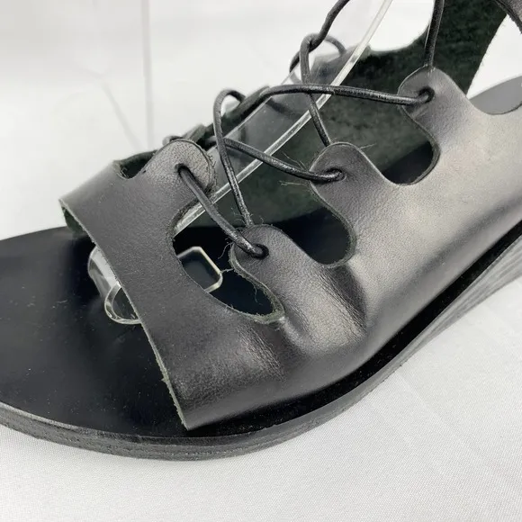 Ancient Greek Sandals Black Leather Gladiator Wedge Strappy Lace Up 7