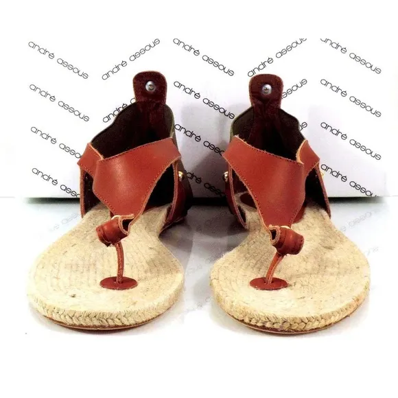 Andre Assous Tresor T- Strap Flat Thong Sandals Leather Green / Cognac Size 10