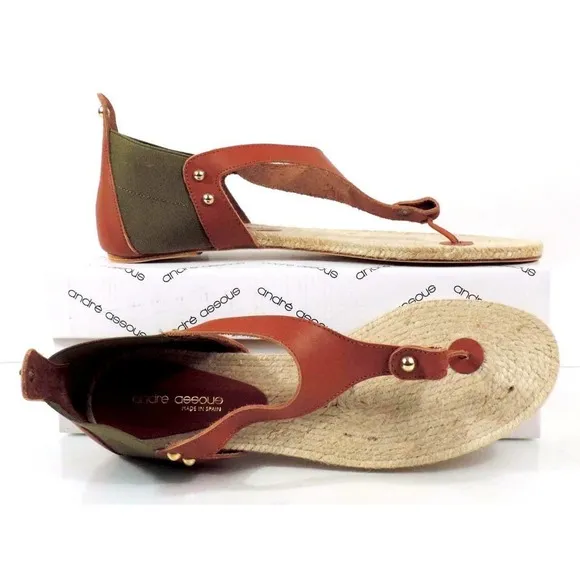Andre Assous Tresor T- Strap Flat Thong Sandals Leather Green / Cognac Size 10