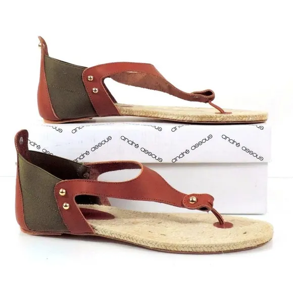 Andre Assous Tresor T- Strap Flat Thong Sandals Leather Green / Cognac Size 10