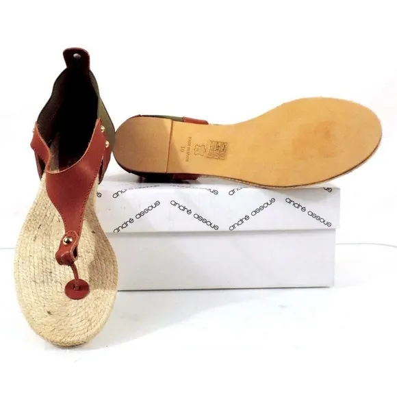 Andre Assous Tresor T- Strap Flat Thong Sandals Leather Green / Cognac Size 10