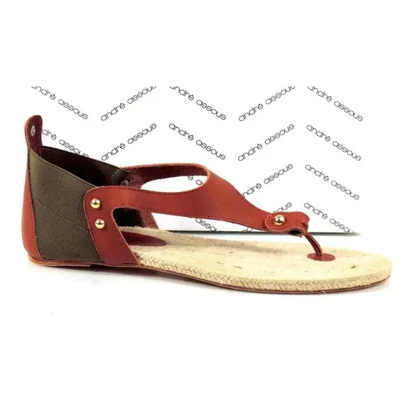 Andre Assous Tresor T- Strap Flat Thong Sandals Leather Green / Cognac Size 10