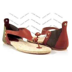 Andre Assous Tresor T- Strap Flat Thong Sandals Leather Green / Cognac Size 10