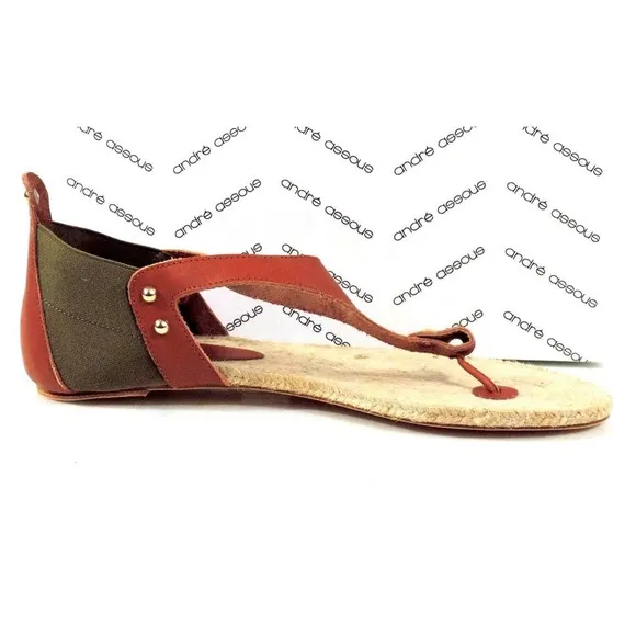 Andre Assous Tresor T- Strap Flat Thong Sandals Leather Green / Cognac Size 10