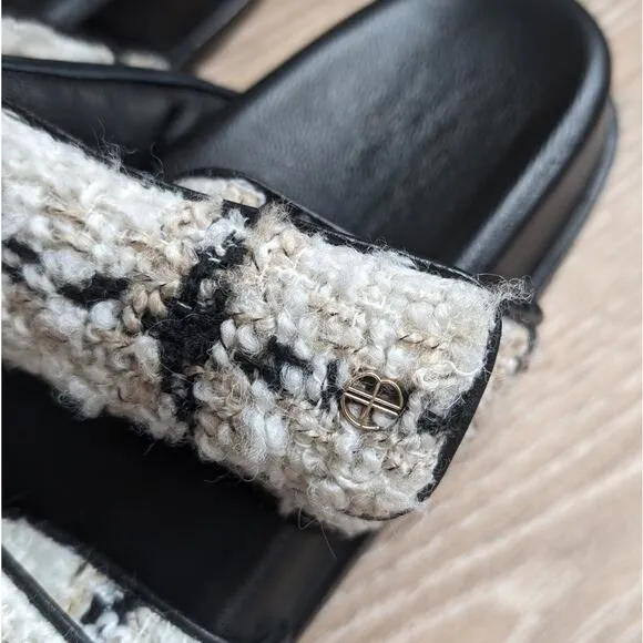 ANINE BING  Sid Bouclé Leather Plaid/Tweed Strap Slides Sandals, size 37/US 7