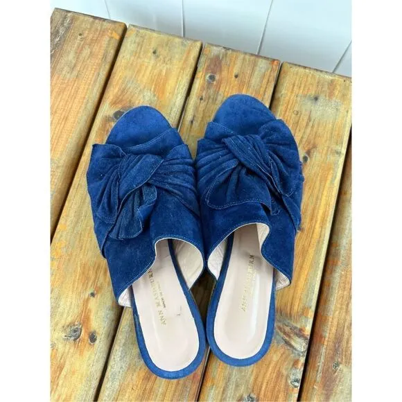 Ann Mashburn Blue Bow Suede Slide Sandals Peep Toe Career Size 39 (8.5-9)
