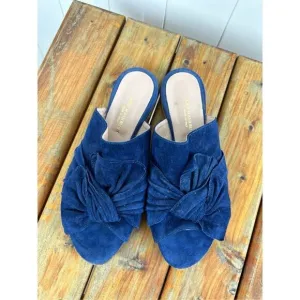 Ann Mashburn Blue Bow Suede Slide Sandals Peep Toe Career Size 39 (8.5-9)