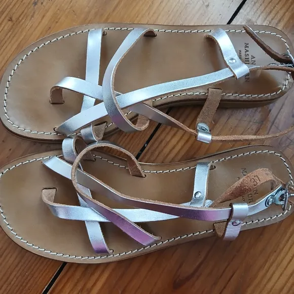 Ann Mashburn Italian Resort Metallic Silver Spring Vacay Leather Sandals 37 36.5