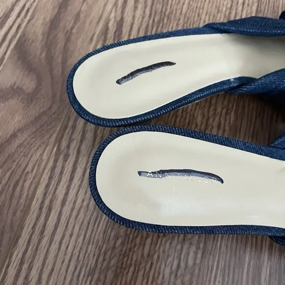 Ann Taylor Women 9.5M Square Toe Twist Knotted Denim Kitten Heel Sandals NWOB