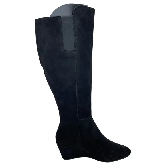 Anne Klein Womens Knee High Wedge Boots 5.5M Alanna Black Suede Wide Calf