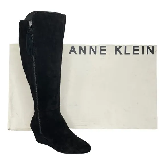 Anne Klein Womens Knee High Wedge Boots 5.5M Alanna Black Suede Wide Calf