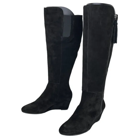 Anne Klein Womens Knee High Wedge Boots 5.5M Alanna Black Suede Wide Calf